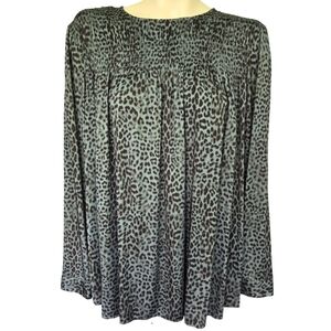 J JILL Leopatd Print Babydoll Top Long Button Sleeve‎ Smocked Aqua Black Medium